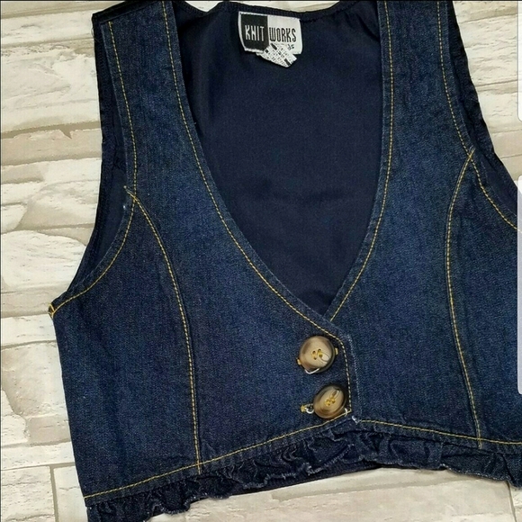 Knit Works Kids Vintage Cropped Dark Denim & Navy Satin Fashion Vest- Medium 7/8 - Picture 2 of 7